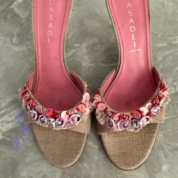 Casadei Pink and Beige Floral Embellished Mules - Picture 9 of 14